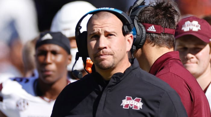 Mississippi coach Zach Arnett on the sidelines as the team’s defensive coordinator in Nov. 2021.